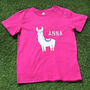 Girls Personalised Llama Alpaca Pink T Shirt, thumbnail 1 of 3