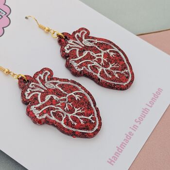 Red Glitter Anatomic Heart Resin Earrings, 3 of 4