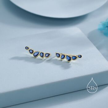 Sterling Silver Sapphire Blue Droplet Cz Cluster Crawler Earrings, 3 of 12