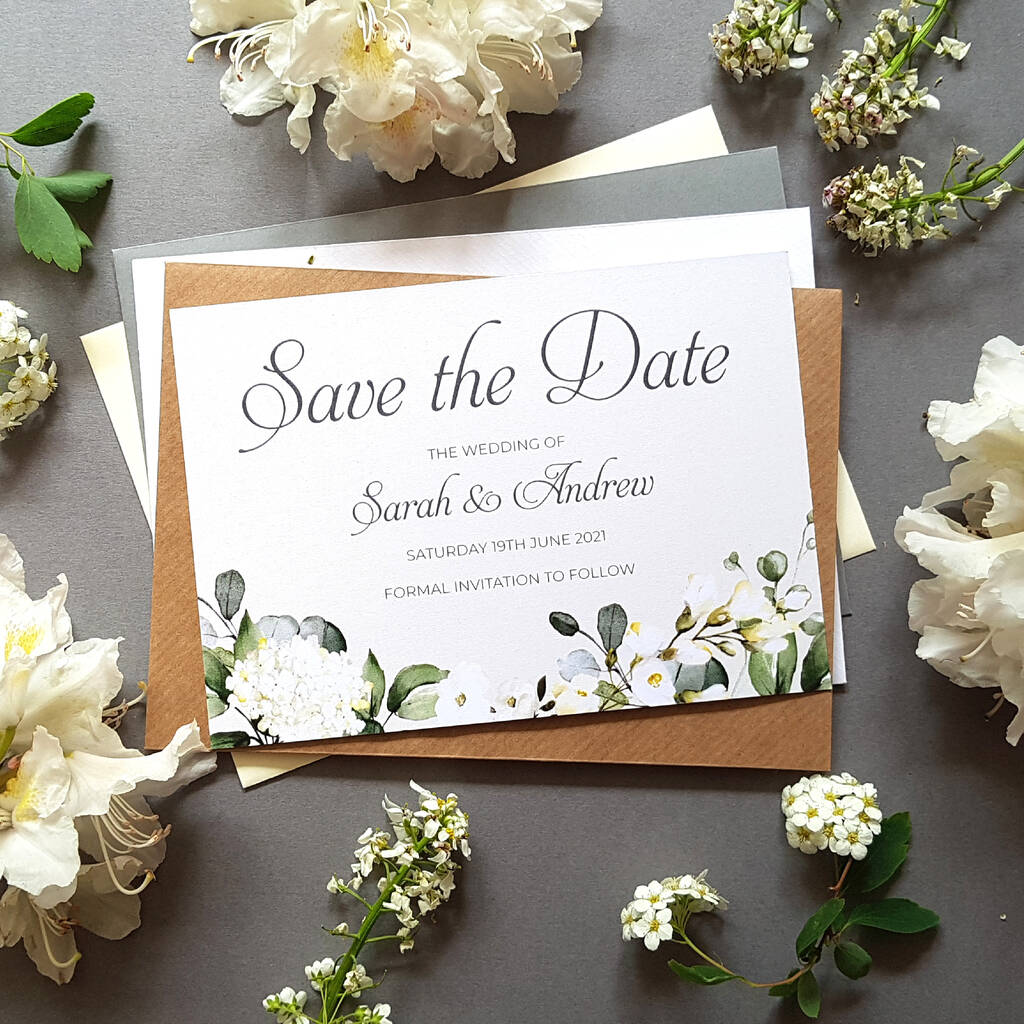 White Floral Save The Date Cards, 1 of 2