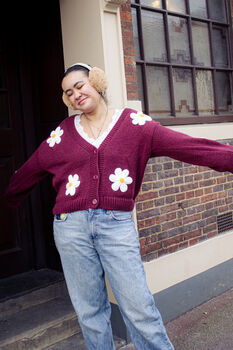 Burgundy Crochet Bobble Applique Relaxed Daisy Cardigan, 4 of 6