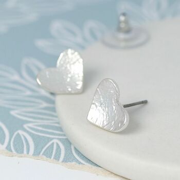 Silver Plated Foil Texture Heart Stud Earrings, 2 of 3