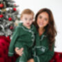 Family Christmas Green Contrast Embroidered Personalised Pyjamas Available In Ladies', Men's And Kid's, thumbnail 1 of 9