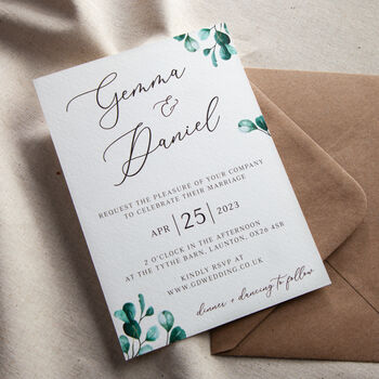 Blue Eucalyptus Wedding Invitation And Envelope, 3 of 4