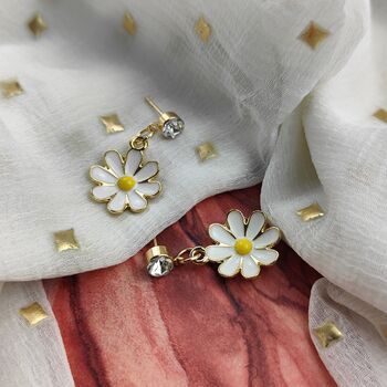 White Daisy Sunflower Zircon Stud Drop Earrings, 6 of 9