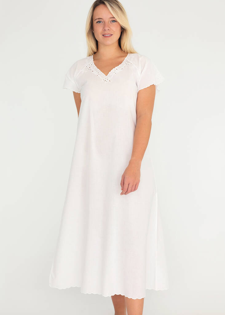V Neck White Cotton Victorian Style Nightdress