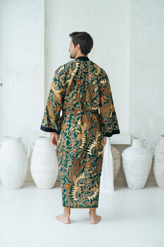 Green Men's Full Length Batik Kimono Robe, 4 of 6