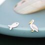Sterling Silver Mismatched Pelican Bird And Fish Stud Earrings, thumbnail 7 of 12