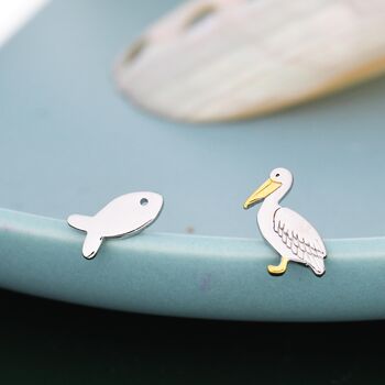 Sterling Silver Mismatched Pelican Bird And Fish Stud Earrings, 7 of 12