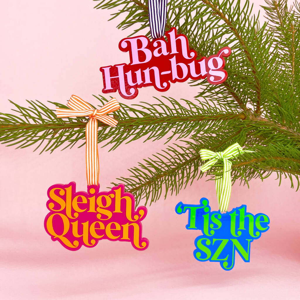 Trio Of Colourful Slogan Christmas Tree Decorations, 1 of 4