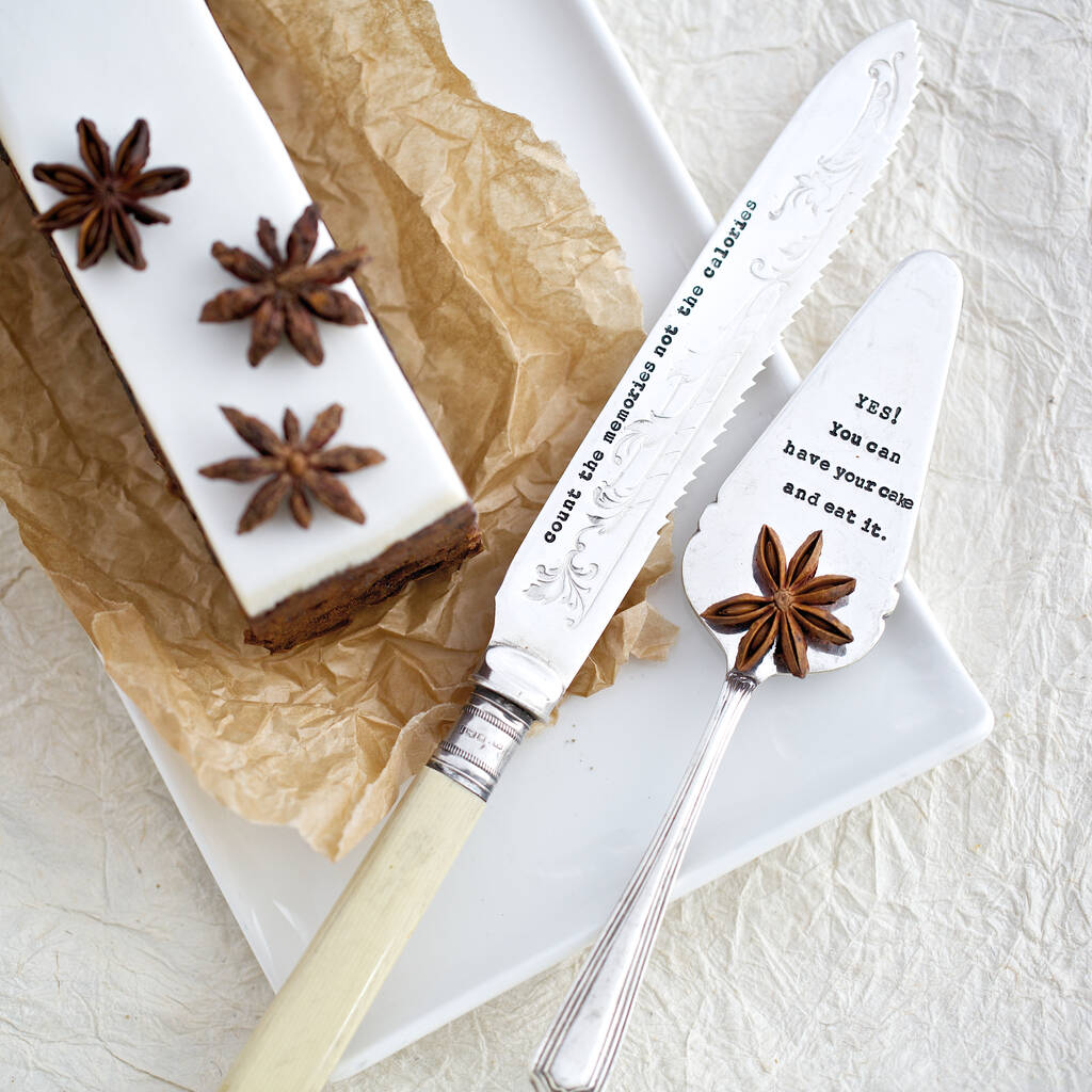 personalised vintage cake slice, knife and forks set by la de da