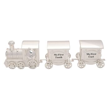 Silverplated First Tooth And Curl Set Train With Two Carriages Baby Gift, 5 of 10