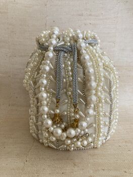 Handcrafted Ivory Pearl Potli With Pearl Wrist Chain, 6 of 9