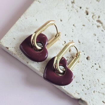 Burgundy Ceramic Heart Gold Tone Hoop Earrings, 3 of 5