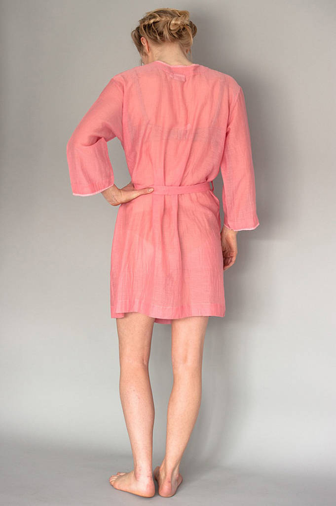 Short Cotton Robe In Coral Silk/Cotton By Caro London