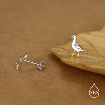 Sterling Silver Goose Stud Earrings With Gold Details, 2 of 11