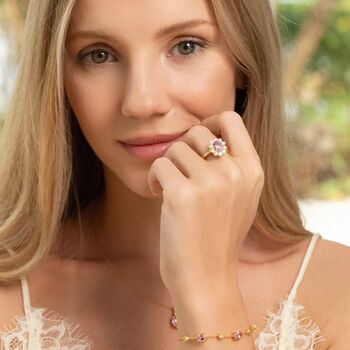 Pink Sapphire Halo Engagement Ring In Sterling Silver And Gold, 5 of 12