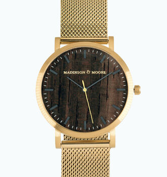 Classic Gold Stainless Steel Unisex Wood Watch, 5 of 9