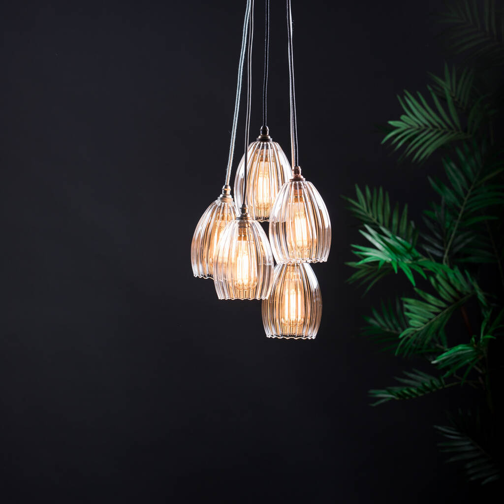 Five Way Clear Ribbed Small Glass Cluster Pendant Light By Glow Lighting Notonthehighstreet Com