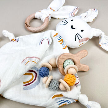 Rainbow Bunny Muslin New Baby Gift Set In Keepsake Box, 6 of 8
