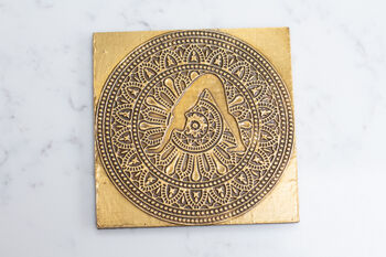 Yoga Themed Coaster Set, Wood And Brass, 10 of 12