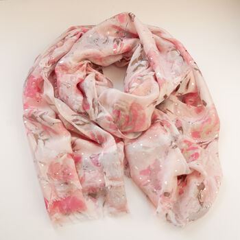 Pink Printed Flower Roses Scarf Lightweight Silver Flecks, 5 of 12