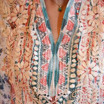 Watercolour Floral Viscose Kaftan With Heavy Cream Fishbone Embroidery, 4 of 7