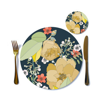 Round Placemats Set Heatproof Chica Camellia Navy, 9 of 12