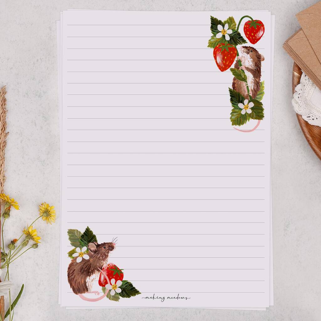 A5 Letter Writing Paper With Mice And Strawberry By Making Meadows