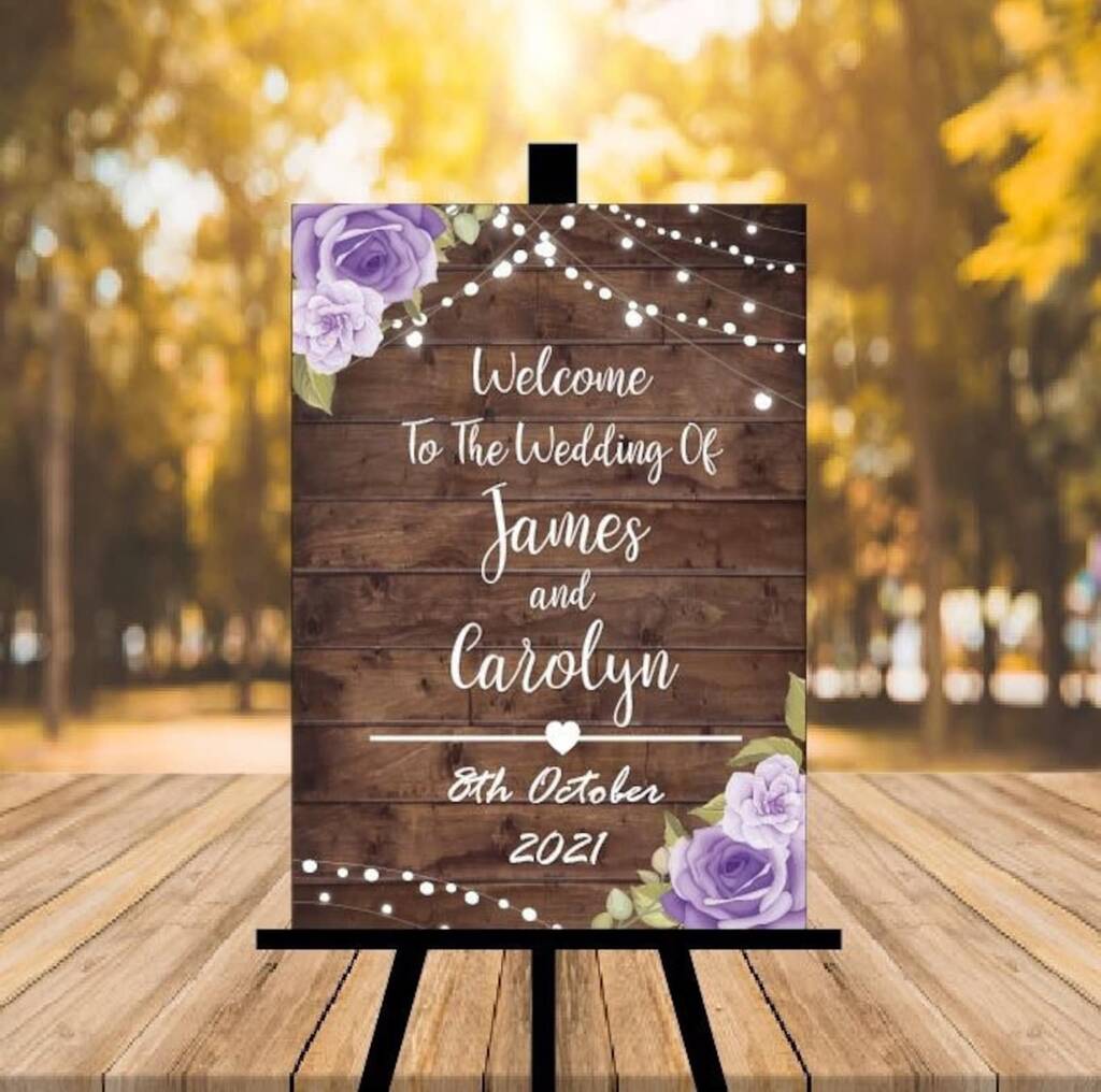 Wedding Welcome Sign Purple Flowers, 1 of 2