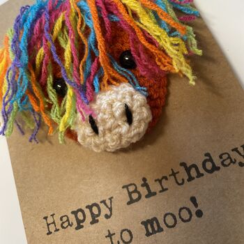 Rainbow Highland Cow Crochet Birthday Card Handmade Moo, 4 of 11