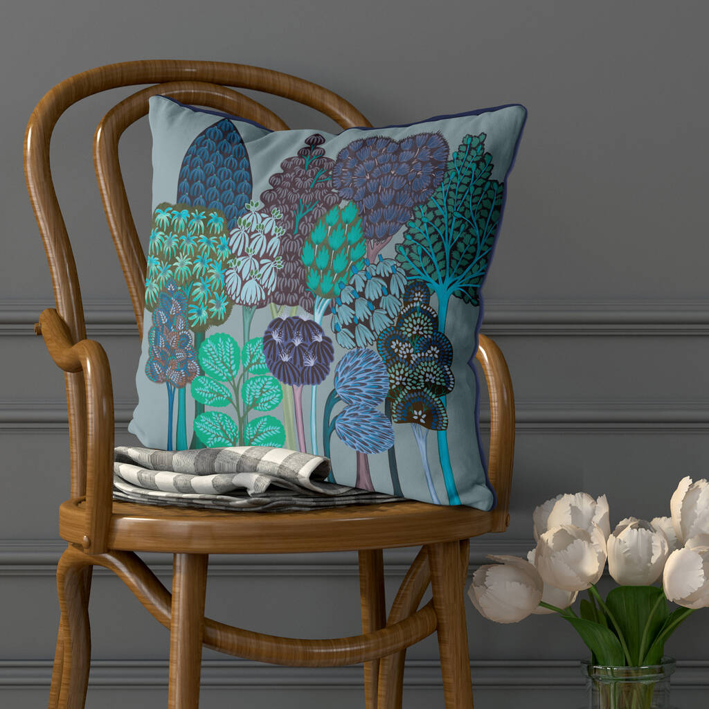 Serene Forest Blues, Mid Century Style Cushion, 1 of 9