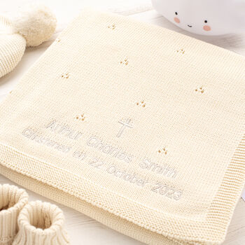 Cream Pointelle Christening Blanket With Cross And Name, 2 of 11