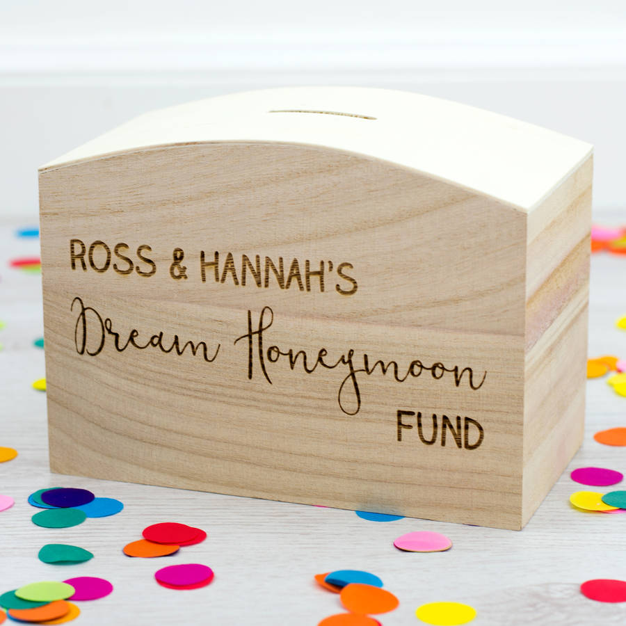 personalised honeymoon money box engagement gift by mirrorin