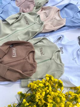 Goose Personalised Baby Zip Sleepsuit – Embroidered Baby Grow With Name – Bunny , Teddy Bear Or Goose, 7 of 12