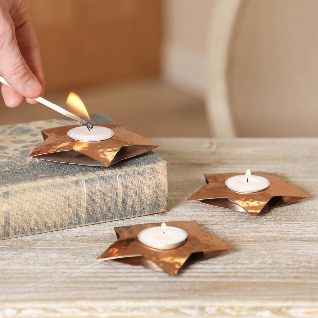 set of six hand hammered copper tealight holders by dibor
