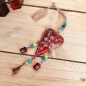 Hand Painted Red Heart Wind Chime Bell With Beads, 8 of 10