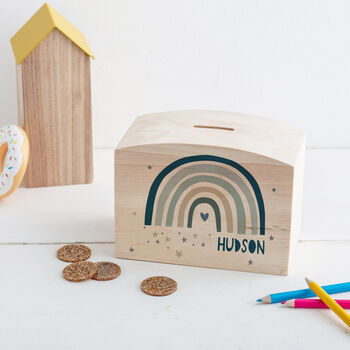 Personalised Modern Blue Rainbow Money Pot Piggy Bank, 2 of 10