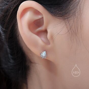 Sterling Silver Droplet Green Opal Crown Stud Earrings, 5 of 10
