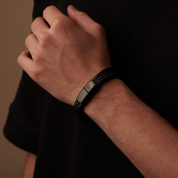 Engraved Black Leather Bracelet For Men And Women, 2 of 11