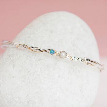 Sterling Silver Organic Blue Opal And Pearl Bangle, 4 of 8