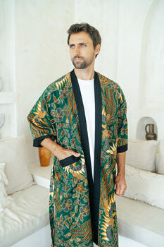 Men's Batik Kimono Robe In Green, 3 of 7