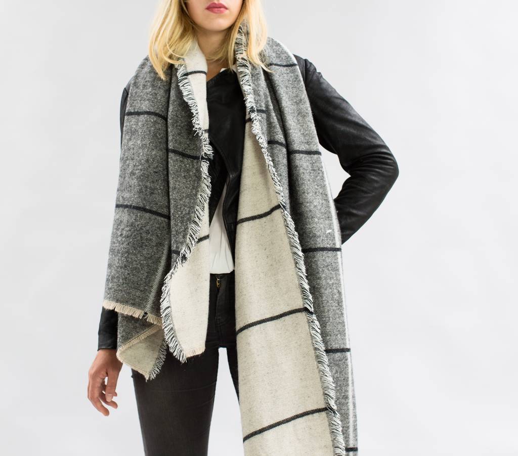 Personalised Charcoal To Stone Checked Blanket Scarf By The Forest & Co