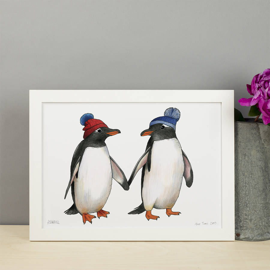 Penguin Couple In Matching Bobble Hats Unframed Print, 1 of 3