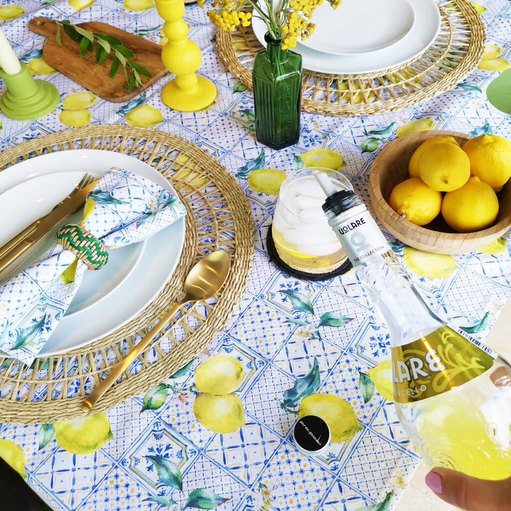 Mediterranean Blue And White Lemon Print Tablecloth, 1 of 4