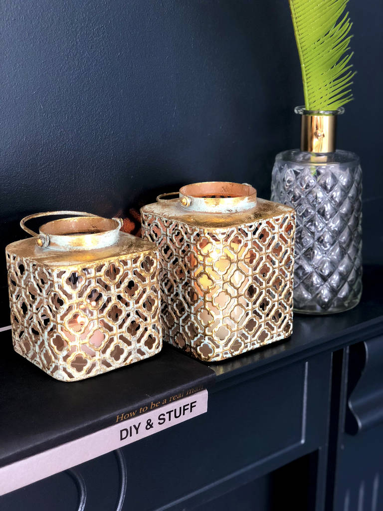 Moroccan Gold Lantern Square Candle Holder Quatrefoil By The Luxe Co