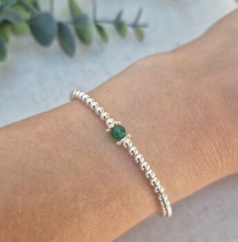 Sterling Silver May Emerald Single Bead Birthstone Stretch Bracelet Gift, 2 of 8