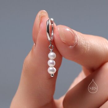 Genuine Freshwater Pearl Trio Huggie Hoop Earrings In Sterling Silver, 3 of 11