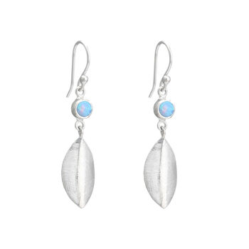 Personalised Sterling Silver Blue Opal Leaf Drop Earrings, 3 of 6