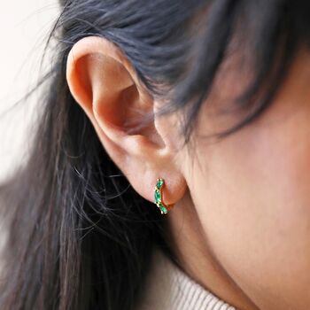 Green Crystal Huggie Hoop Earrings In Gold Plating, 2 of 6